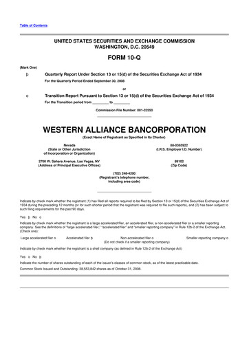 Thumbnail Western Alliance Bancorporation
 10-Q Quarterly Report FY 