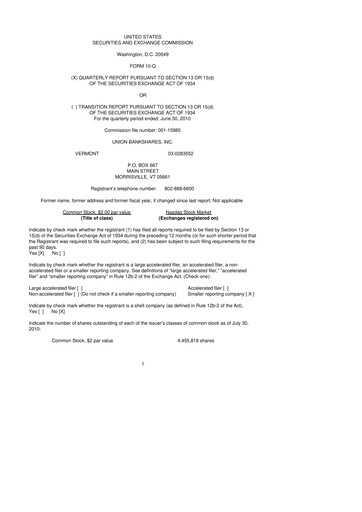 Miniature Union Bankshares 10-Q Rapport trimestriel  