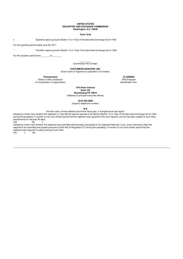 Thumbnail Customers Bancorp
 10-Q Quarterly Report FY2011 