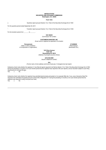 Thumbnail Customers Bancorp
 10-Q Quarterly Report FY2011 