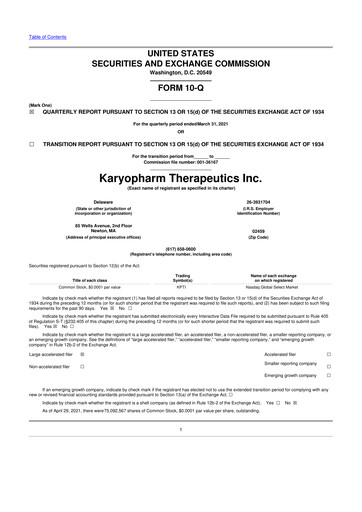 Thumbnail Karyopharm Therapeutics
 10-Q Quarterly Report FY2021 