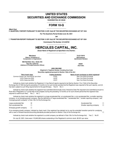 Thumbnail Hercules Capital
 10-Q Quarterly Report FY 