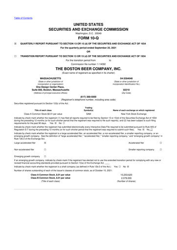 Vorschaubild Boston Beer Company 10-Q Quartalsbericht 2021 