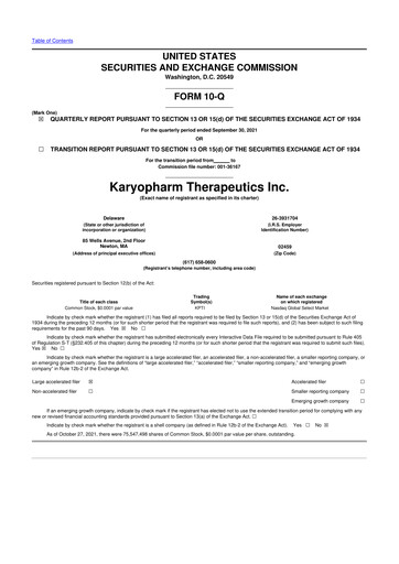 Thumbnail Karyopharm Therapeutics
 10-Q Quarterly Report FY2021 