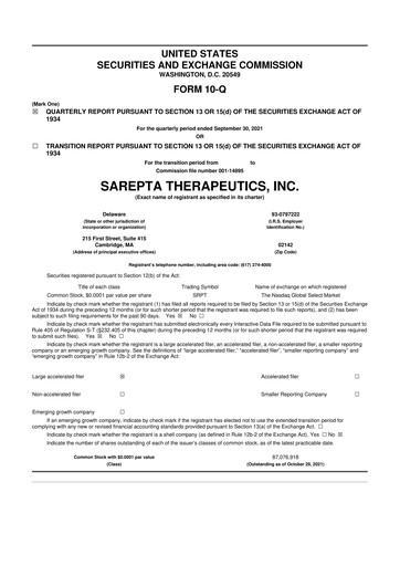 Thumbnail Sarepta Therapeutics
 10-Q Quarterly Report FY2021 
