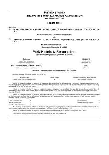 Thumbnail Park Hotels & Resorts

 10-Q Quarterly Report FY2021 