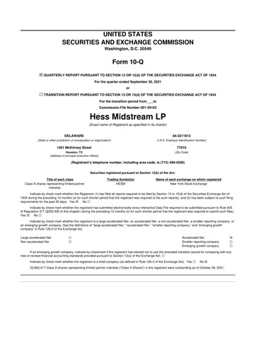 Thumbnail Hess Midstream 10-Q Quarterly Report FY2021 