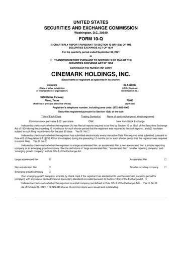 Thumbnail Cinemark Theatres
 10-Q Quarterly Report FY 