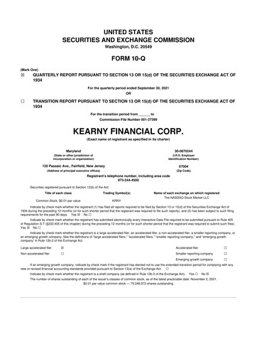 Miniature Kearny Financial
 10-Q Rapport trimestriel 2022 
