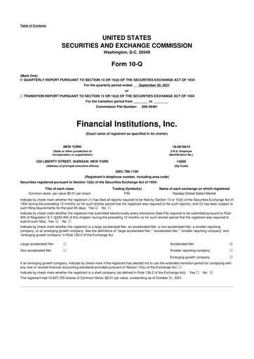 Thumbnail Financial Institutions 10-Q Quarterly Report FY 