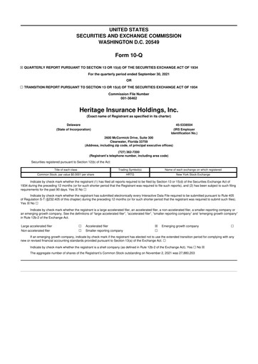 Thumbnail Heritage Insurance 10-Q Quarterly Report FY2021 
