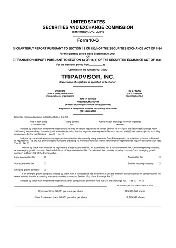 Miniature TripAdvisor 10-Q Rapport trimestriel 2021 