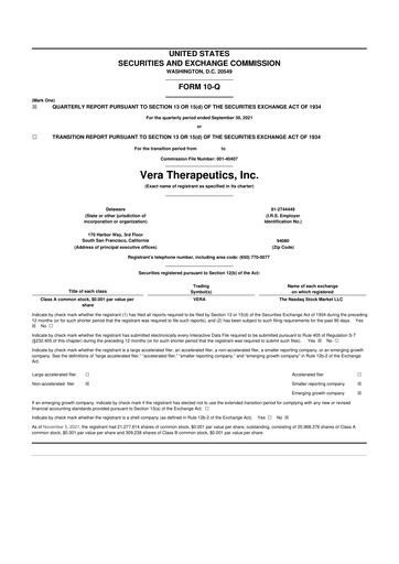 Miniature Vera Therapeutics 10-Q Rapport trimestriel 2021 