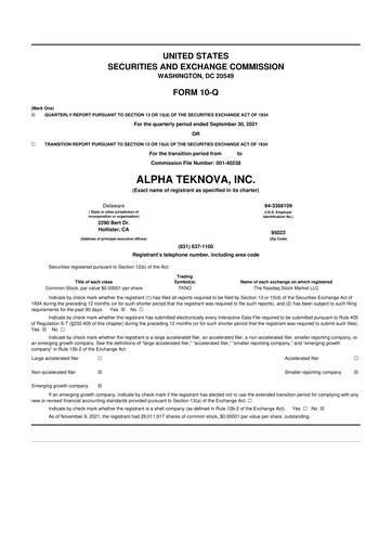 Thumbnail Alpha Teknova 10-Q Quarterly Report FY2021 