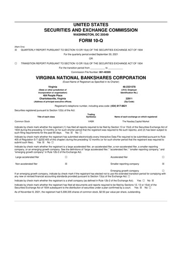 Thumbnail Virginia National Bankshares 10-Q Quarterly Report FY2021 