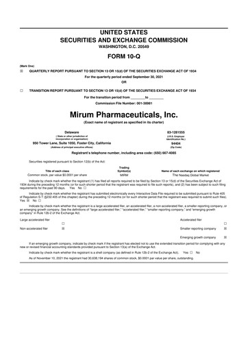 Thumbnail Mirum Pharmaceuticals 10-Q Quarterly Report FY2021 