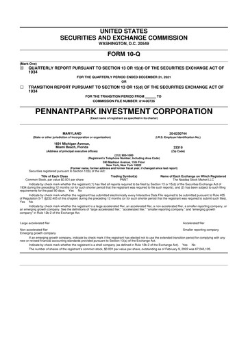 Thumbnail PennantPark Investment 10-Q Quarterly Report FY 