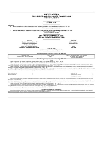 Thumbnail Sutro Biopharma 10-K Annual Report 2021