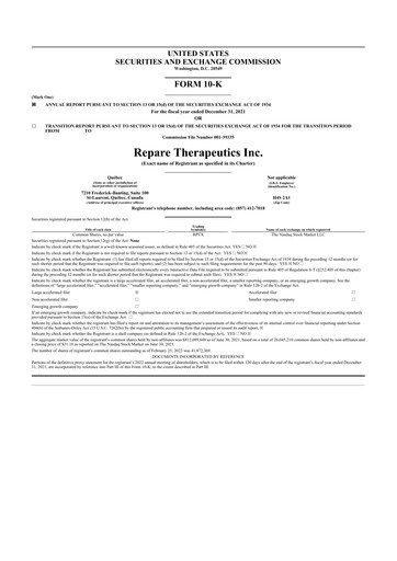Thumbnail Repare Therapeutics 10-K Annual Report 2021