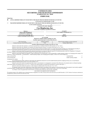 Thumbnail Cue Biopharma 10-K Annual Report 2021