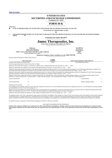 Miniature Janux Therapeutics 10-K Rapport annuel 2021