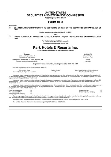 Thumbnail Park Hotels & Resorts

 10-Q Quarterly Report FY2022 