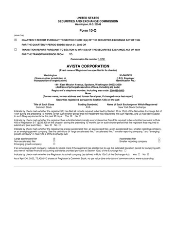 Thumbnail Avista
 10-Q Quarterly Report FY 