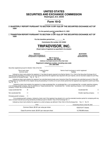 Miniature TripAdvisor 10-Q Rapport trimestriel 2022 