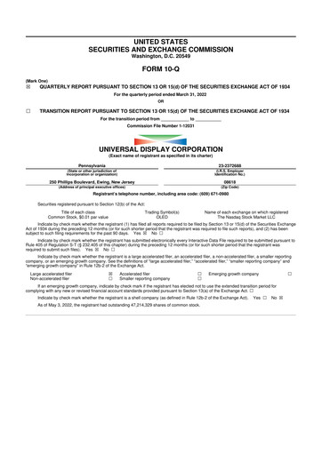 Vorschaubild Universal Display Corporation
 10-Q Quartalsbericht 2022 