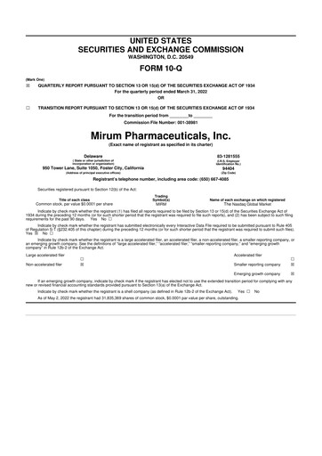 Thumbnail Mirum Pharmaceuticals 10-Q Quarterly Report FY2022 