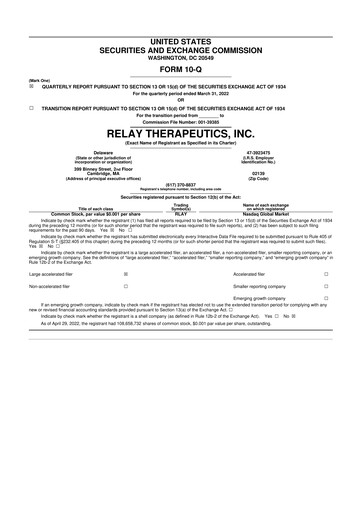 Thumbnail Relay Therapeutics 10-Q Quarterly Report FY 