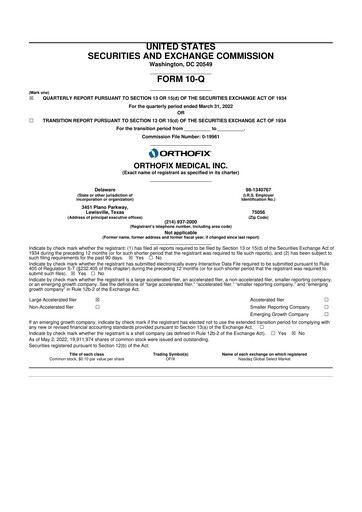 Vorschaubild Orthofix Medical
 10-Q Quartalsbericht 2022 