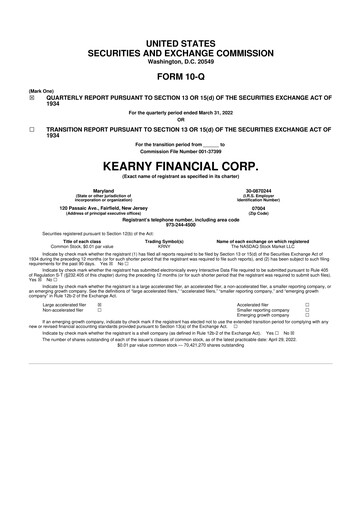 Miniature Kearny Financial
 10-Q Rapport trimestriel 2022 