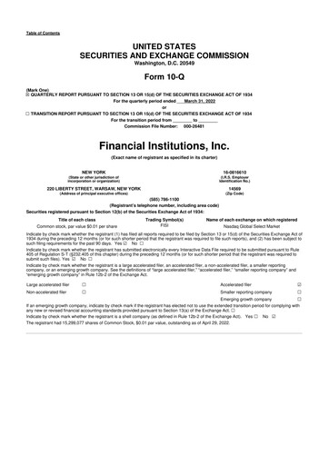 Thumbnail Financial Institutions 10-Q Quarterly Report FY 