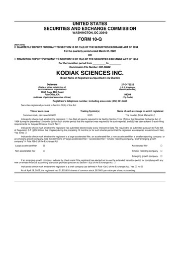Miniature Kodiak Sciences
 10-Q Rapport trimestriel  