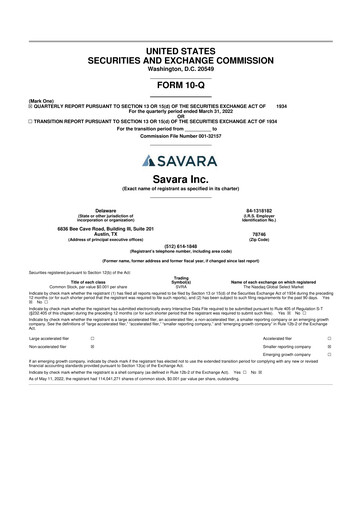 Thumbnail Savara 10-Q Quarterly Report FY 