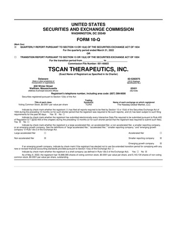 Thumbnail TScan Therapeutics 10-Q Quarterly Report FY2022 