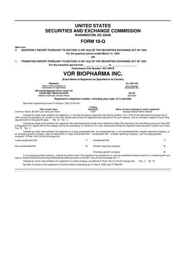 Thumbnail Vor Biopharma 10-Q Quarterly Report FY 