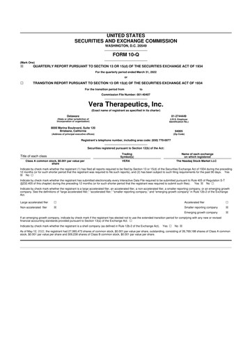 Miniature Vera Therapeutics 10-Q Rapport trimestriel 2022 