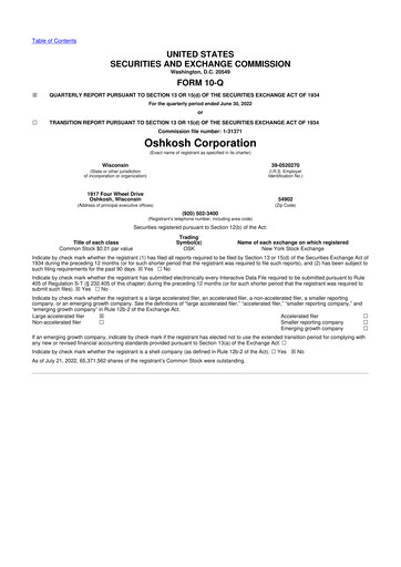 Thumbnail Oshkosh Corporation
 10-Q Quarterly Report FY2022 