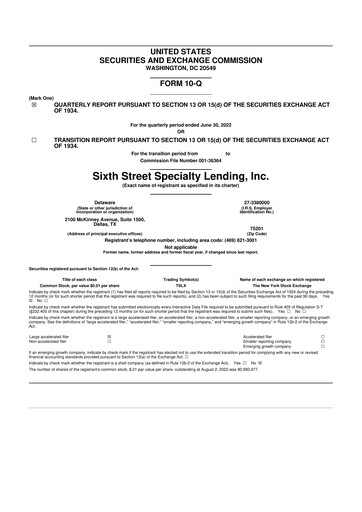 Thumbnail Sixth Street Specialty Lending 10-Q Quarterly Report FY 