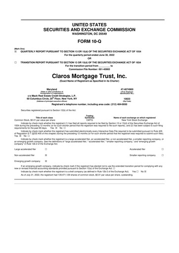 Miniature Claros Mortgage Trust 10-Q Rapport trimestriel 2022 