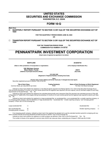 Thumbnail PennantPark Investment 10-Q Quarterly Report FY 