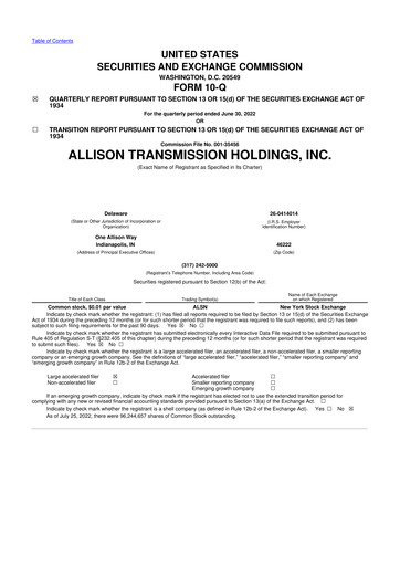Thumbnail Allison Transmission
 10-Q Quarterly Report FY2022 