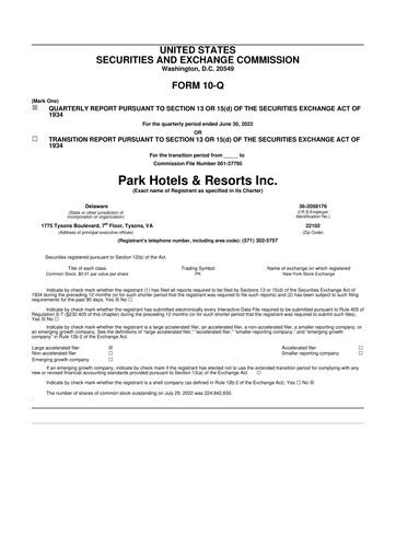Thumbnail Park Hotels & Resorts

 10-Q Quarterly Report FY2022 