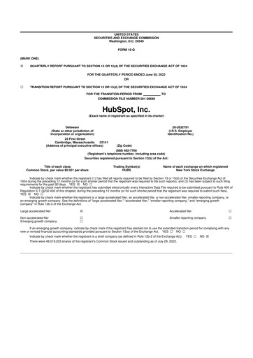 Thumbnail HubSpot 10-Q Quarterly Report FY2022 