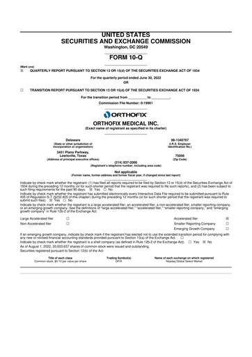 Vorschaubild Orthofix Medical
 10-Q Quartalsbericht 2022 