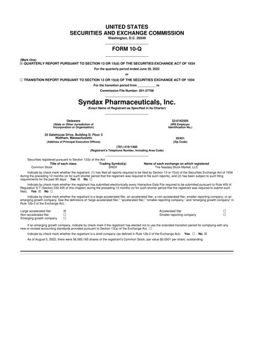 Thumbnail Syndax Pharmaceuticals 10-Q Quarterly Report FY 