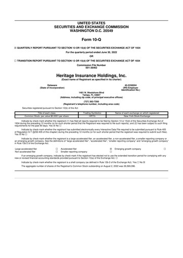 Thumbnail Heritage Insurance 10-Q Quarterly Report FY2022 