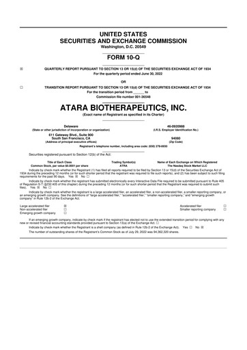 Miniature Atara Biotherapeutics 10-Q Rapport trimestriel  